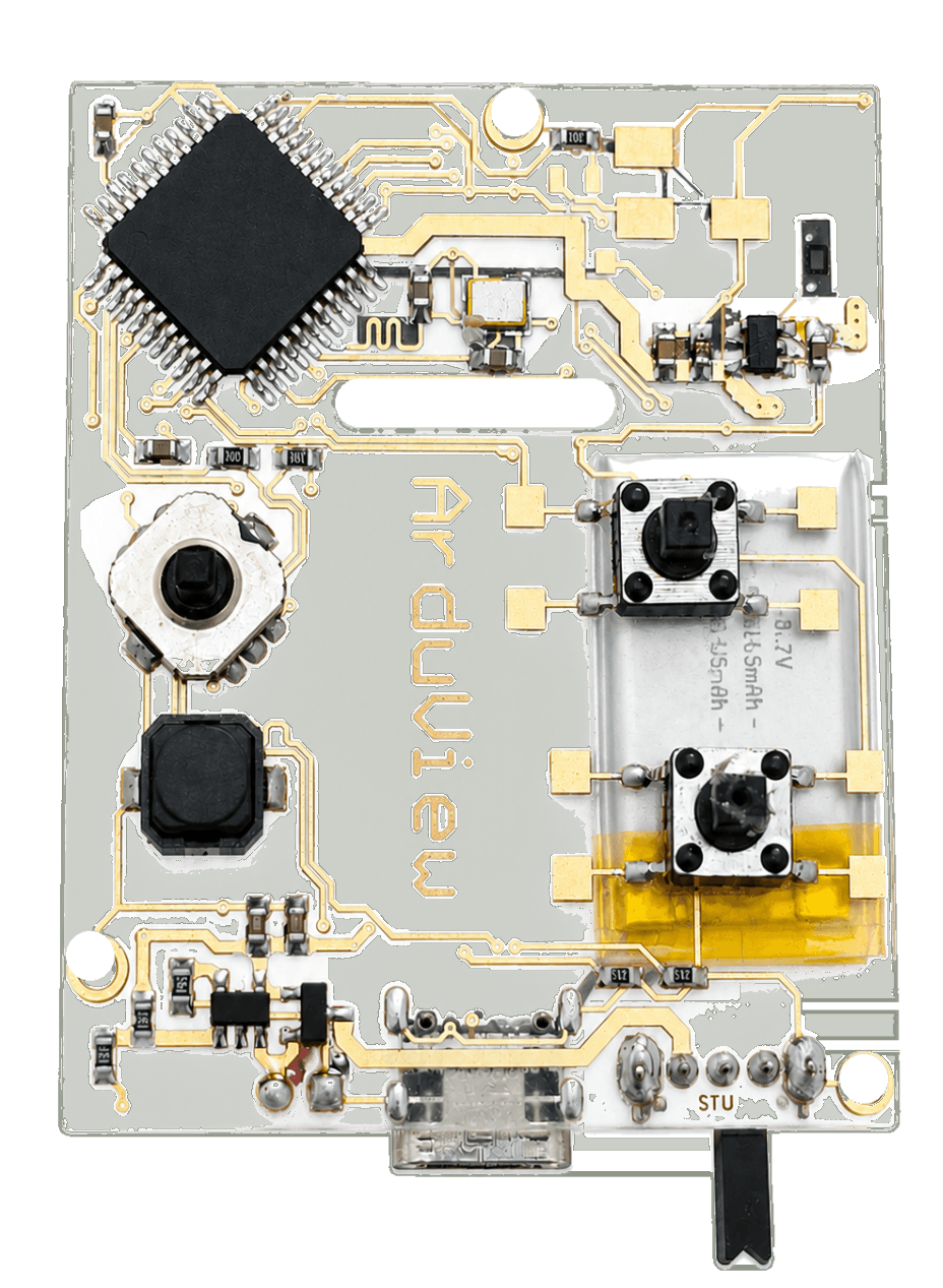 Complete circuit board with processor, directional and A/B controls, battery, USB-C port, and bottom tab